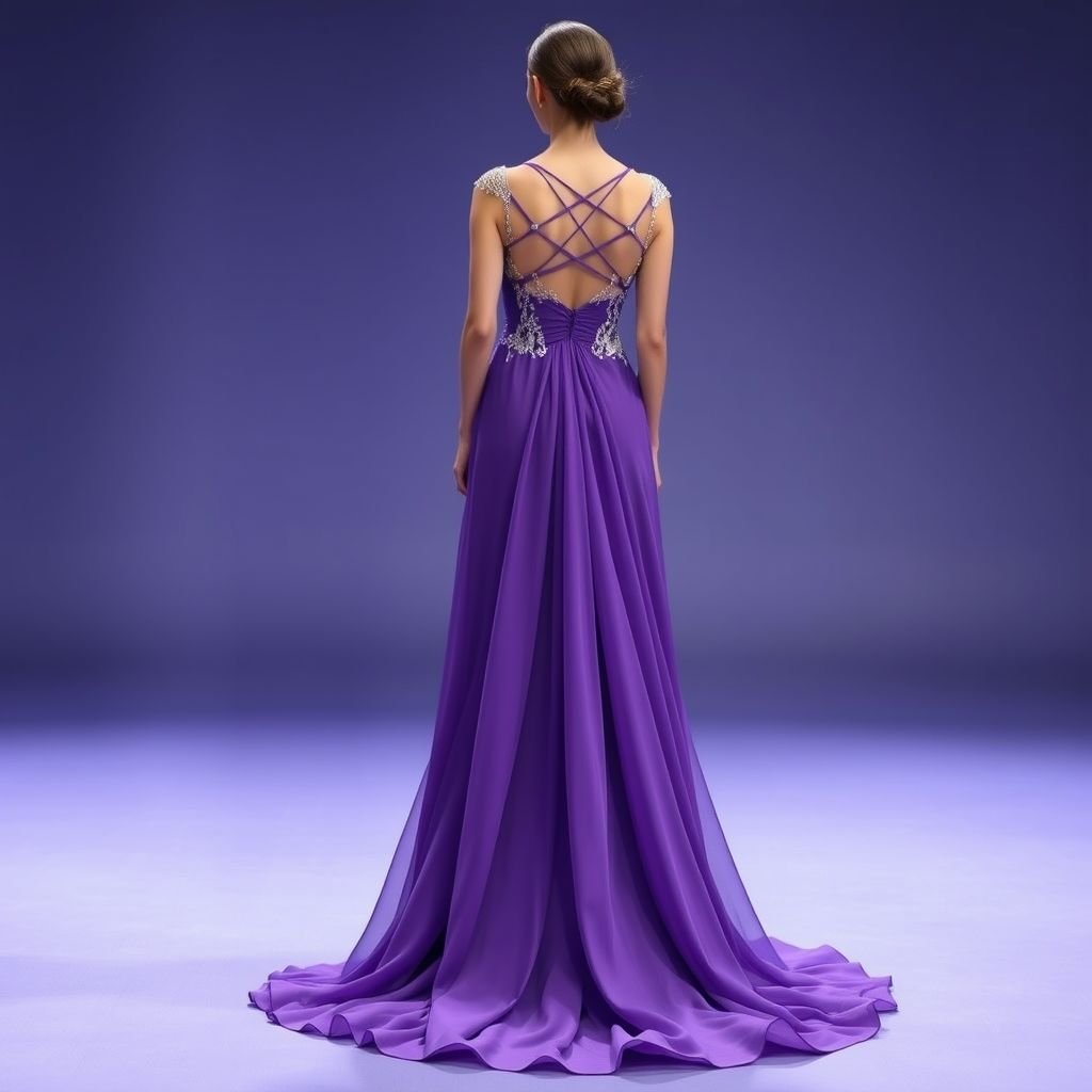 A purple colour gown for a red carpet, show front and back both
Envision a stunning purple gown, cascading to the floor with an ethereal train. The front features a sweetheart neckline adorned with delicate silver embroidery. A daring back showcases intricate crisscross straps leading to a low V, accentuated by flowing chiffon panels. Perfectly embellished, it radiates elegance and glamour for the red carpet.