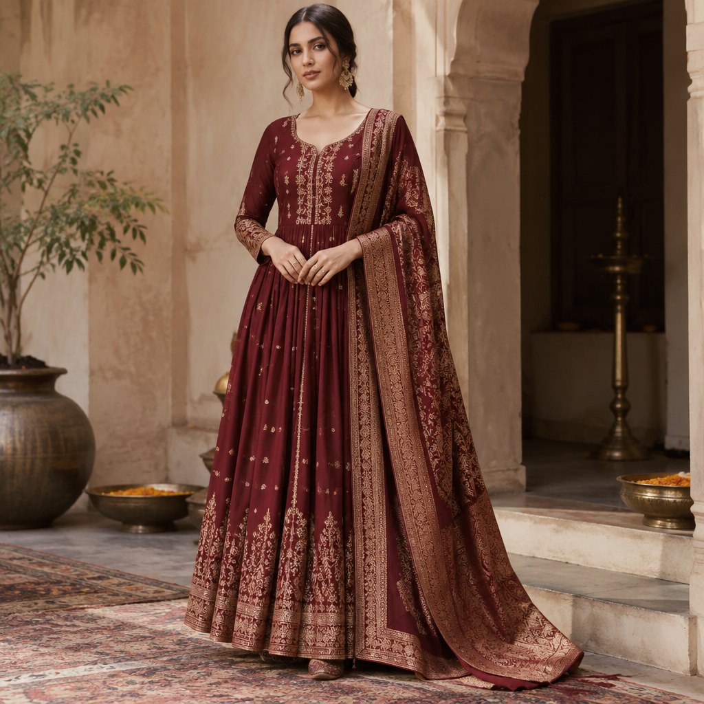 A Female Dress design, suitable for Fall. Consider Indian fashion aesthetics — consider saree, lehenga, salwar kameez, kurti, anarkali; local fabrics like chanderi, banarasi, chikankari, block prints; vibrant colors and rich embroidery. Current season is Autumn in India. Present it as professional fashion catalogue photography: the garment is the subject, shown full-length with editorial styling, neutral posing and tasteful, non-suggestive framing.
photorealistic fashion design, A Female Dress design, suitable for Fall. Consider Indian fashion aesthetics — consider saree, lehenga, salwar kameez, kurti, anarkali; local fabrics like chanderi, banarasi, chikankari, block prints; vibrant colors and rich embroidery. Current season is Autumn in India. Present it as professional fashion catalogue photography: the garment is the subject, shown full-length with editorial styling, neutral posing and tasteful, non-suggestive framing., just the design no text