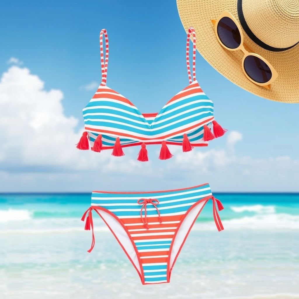 Two pieces swimwear with thin stripes -inspired by leoni the influencer
Design a chic two-piece swimwear set with delicate, horizontal thin stripes reminiscent of sun-kissed sandy shores. Emphasize vibrant coral and azure colors to capture the beach's essence. Incorporate sun hats and oversized sunglasses, accented with playful tassels and shell motifs. Perfect for a day of sunbathing and carefree beach adventures.