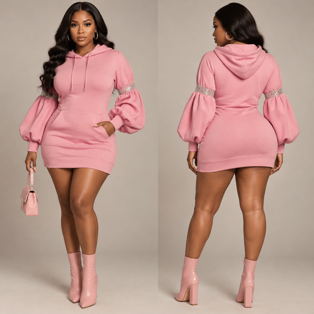 photorealistic fashion design, photorealistic fashion design, A Female Dress design, made of Cotton, with a soft, cosy hand, with a Fitted silhouette, with a minimal-coverage cut, for Casual, suitable for Fall, suited to a Cold climate, in Glamorous style, shown on a model with brown skin and a curvy figure. hoodie dress Present it as professional fashion catalogue photography: the garment is the subject, shown full-length with editorial styling, neutral posing and tasteful, non-suggestive framing., glamorous style, just the design no text. Refinement: make sleeves puffy, change color to pink, just the design no text. Refinement: put rhinestones on the armband
photorealistic fashion design, photorealistic fashion design, photorealistic fashion design, A Female Dress design, made of Cotton, with a soft, cosy hand, with a Fitted silhouette, with a minimal-coverage cut, for Casual, suitable for Fall, suited to a Cold climate, in Glamorous style, shown on a model with brown skin and a curvy figure. hoodie dress Present it as professional fashion catalogue photography: the garment is the subject, shown full-length with editorial styling, neutral posing and tasteful, non-suggestive framing., glamorous style, just the design no text. Refinement: make sleeves puffy, change color to pink, just the design no text. Refinement: put rhinestones on the armband, just the design no text