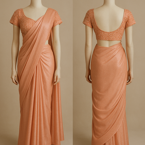 make a peach shimmery saree with peach stone badazaled blouse cut sleeves on the blouse and deep back on a mancine 
