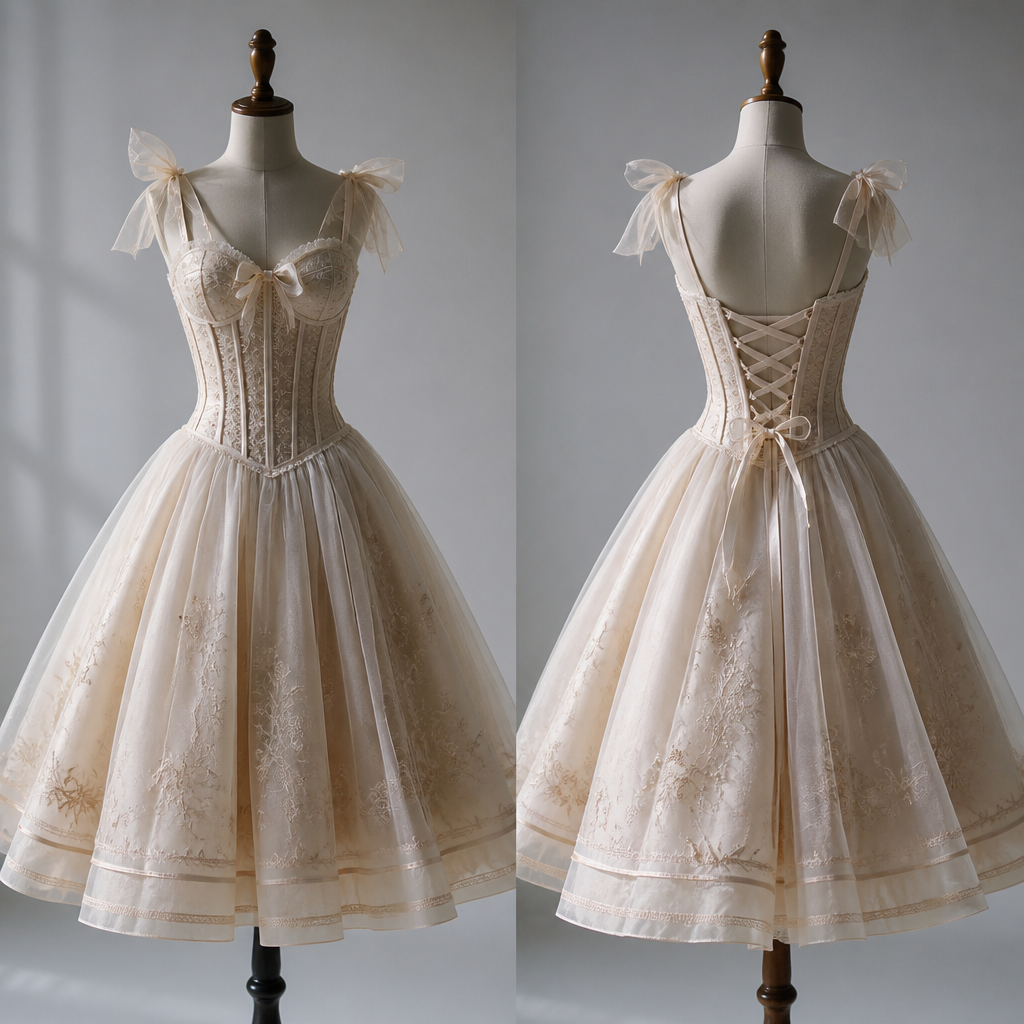 A Female Dress design, for Party, suitable for Summer, in Elegant + Light Academia + Collegiate style. сделать до колена,с корсетом,пишное,доя вальса и танцев
photorealistic fashion design, A Female Dress design, for Party, suitable for Summer, in Elegant + Light Academia + Collegiate style. сделать до колена,с корсетом,пишное,доя вальса и танцев, elegant style, just the design no text, show front and back