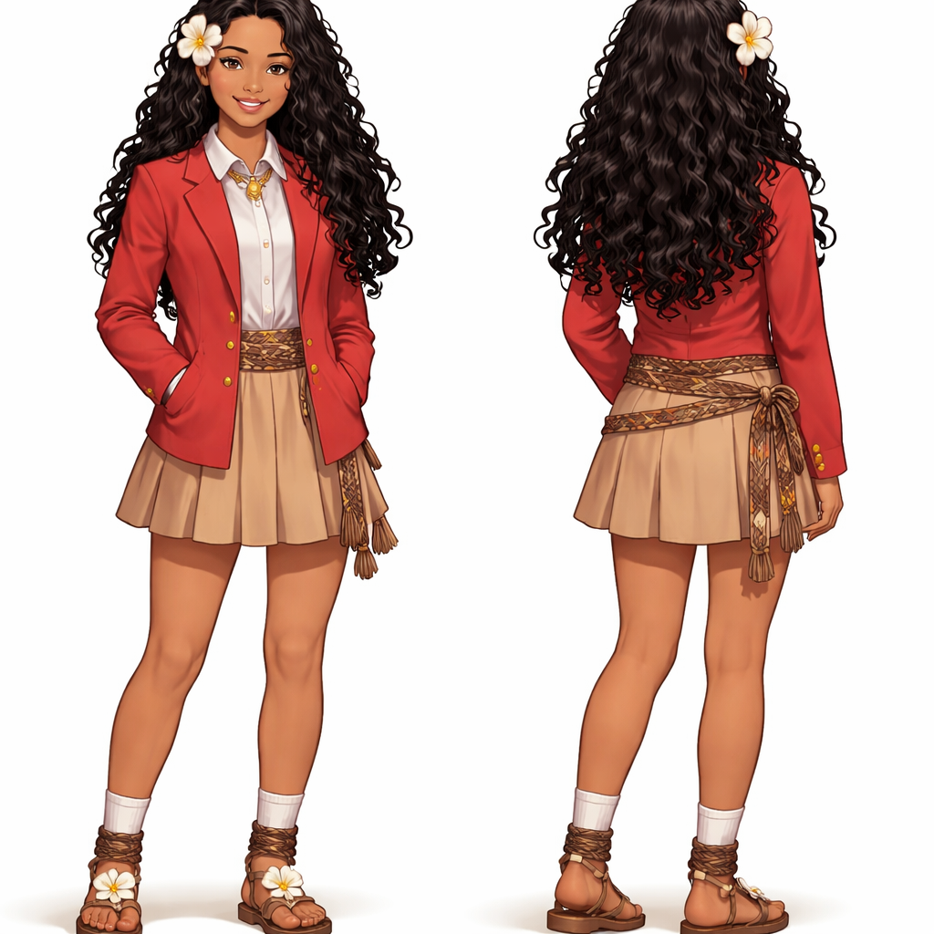 A 16 year old teenage girl with a Polynesian face and black curly hair wears coral red blazer with a tan skirt and traditional Polynesian shoes
A 16 year old teenage girl with a Polynesian face and black curly hair wears coral red blazer with a tan skirt and traditional Polynesian shoes , school_uniform style, show front and back