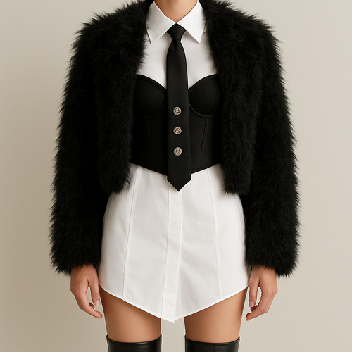 Can you do a white fitted shirt dress with a large collar, with a black slightly crop corset top with thin straps over it, and a black tie with knee high boots
Longer corset with cup details and the shirt dress slightly shorter coming down in a slight v shape at the front and three big jewels going down vertically on the tie
Remove lines on shirt and hide buttons
Shirt slightly shorter
Can you put a crop black furry faux jacket over it
Jacket more fluffy and boxy
Perfect just jacket more fluffy longer fluff hairs
Slight more v shape in front end of shirt