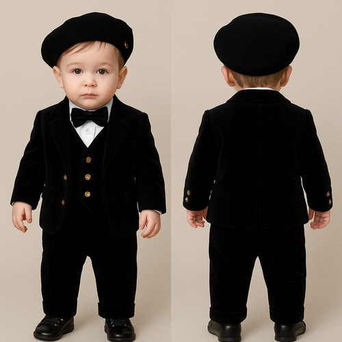 1歳の男の子着用
ベビータキシード上下
白のワイシャツに黒のベルベットの生地のべスト、ジャケット、蝶ネクタイボタンは全部アンティークゴールド色黒のベレー帽、ベレー帽にジャケットと同じアンティークゴールド色の小さいボタンを3
つつけて
靴はローファー