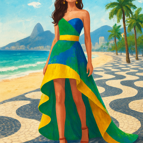 Saia curta a frente e longa atrás (estilo cauda comprida) - inspiração no calçadão de Copacabana em cores bem brasileiras 