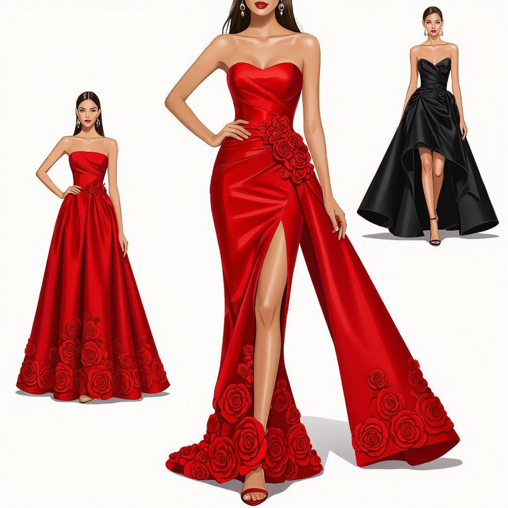 A slim wast round hip red no strap dress with roses on the bottom and top of the dress
Glamorous fashion: A slim waist, round hip, red strapless dress with a high-shine finish, featuring intricate rose appliques on the hem and bust, exuding timeless glamour.