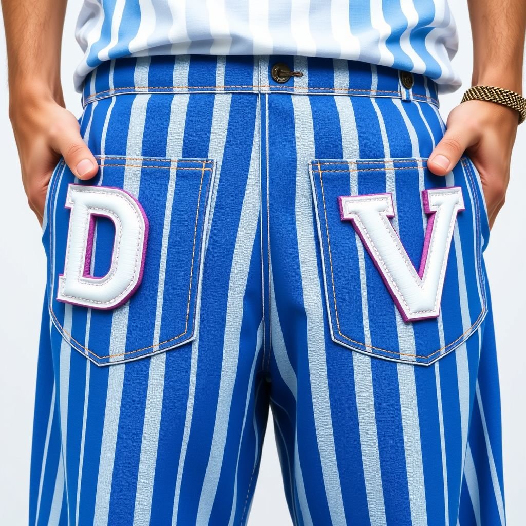 Men's Fashion Casual Woven Oversized Blue Striped 3D Letters Embroidered Baggy Pant, For Daily Summer Outfits. With “D” on one back pocket and “V” on the other
Design a laid-back summer outfit featuring oversized blue striped pants, perfect for men seeking casual comfort. These baggy trousers are adorned with bold 3D embroidered letters, “D” on one pocket and “V” on the other, effortlessly elevating everyday wear. Pair them with a simple white tee for ultimate relaxation.