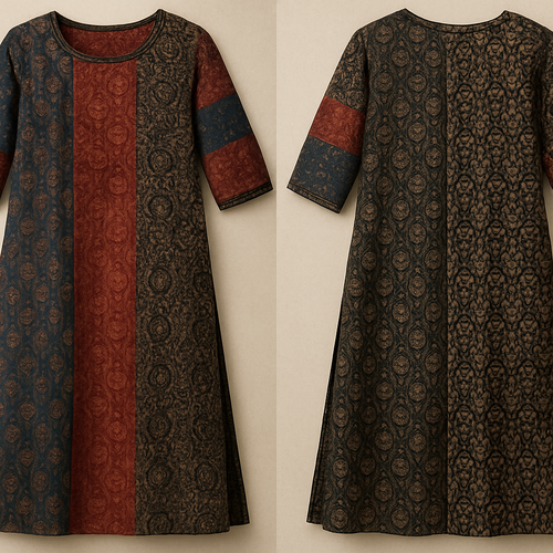 A straight cut silted indian ethnic Kurthi with three panels on the front as well as on the back, fabrics used are Ajrkh hand block printed cotton fabric. The centre panel shall be ajrakh printed red base fabric, left panel indigo blue-red combination ajrakh printed fabric and the right panel shall ba black base ajrakh printed fabric. The slits on both sides shall start 21 inches below the shoulder of the Kurthi, the 3/4th sleeve with 17 inches length shall be made with patches of indigo blue-red combination, red base and black base fabrics. Sleeve shall be made with Three horizontal patches. Kurtha across shoulder measurement 14 inches, chest 32 inches, waist 28 inches and hip 36 inches, length of the Kurthi shall be 45 inches from shoulder
