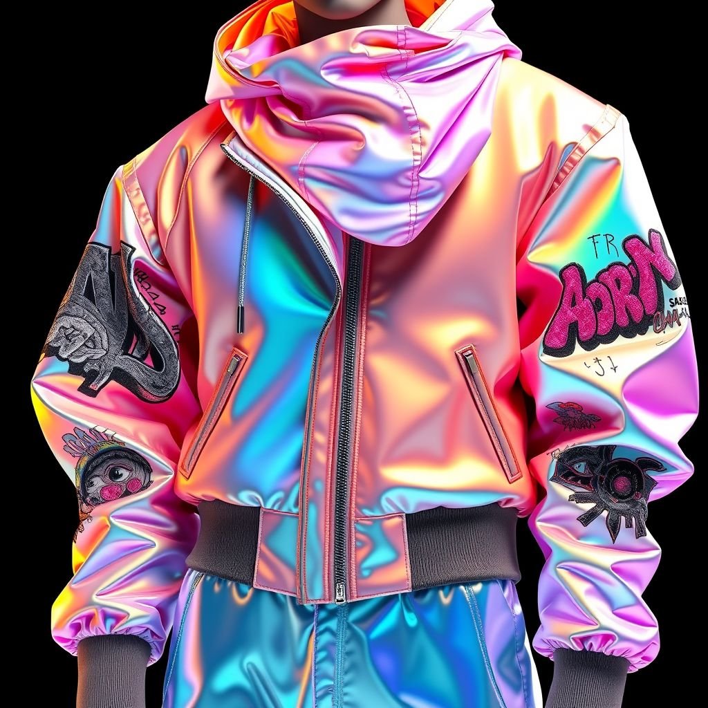 Baseball jacket
Design an avant-garde baseball jacket reimagined in iridescent materials, blending classic sporty aesthetics with high fashion. Incorporate oversized sleeves adorned with intricate embroidery of urban graffiti art, while the body features a holographic sheen. Complete the look with asymmetrical zippers and a detachable hood, fusing street style with futuristic flair.