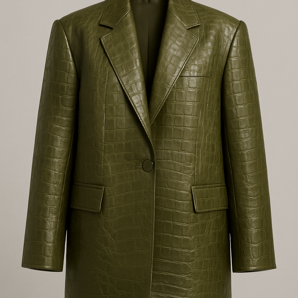 Can you make a leather oversized blazer crocodile print coming to the mid thigh in olive green with shoulder pads 

Can you make a leather oversized blazer crocodile print coming to the mid thigh in olive green with shoulder pads 