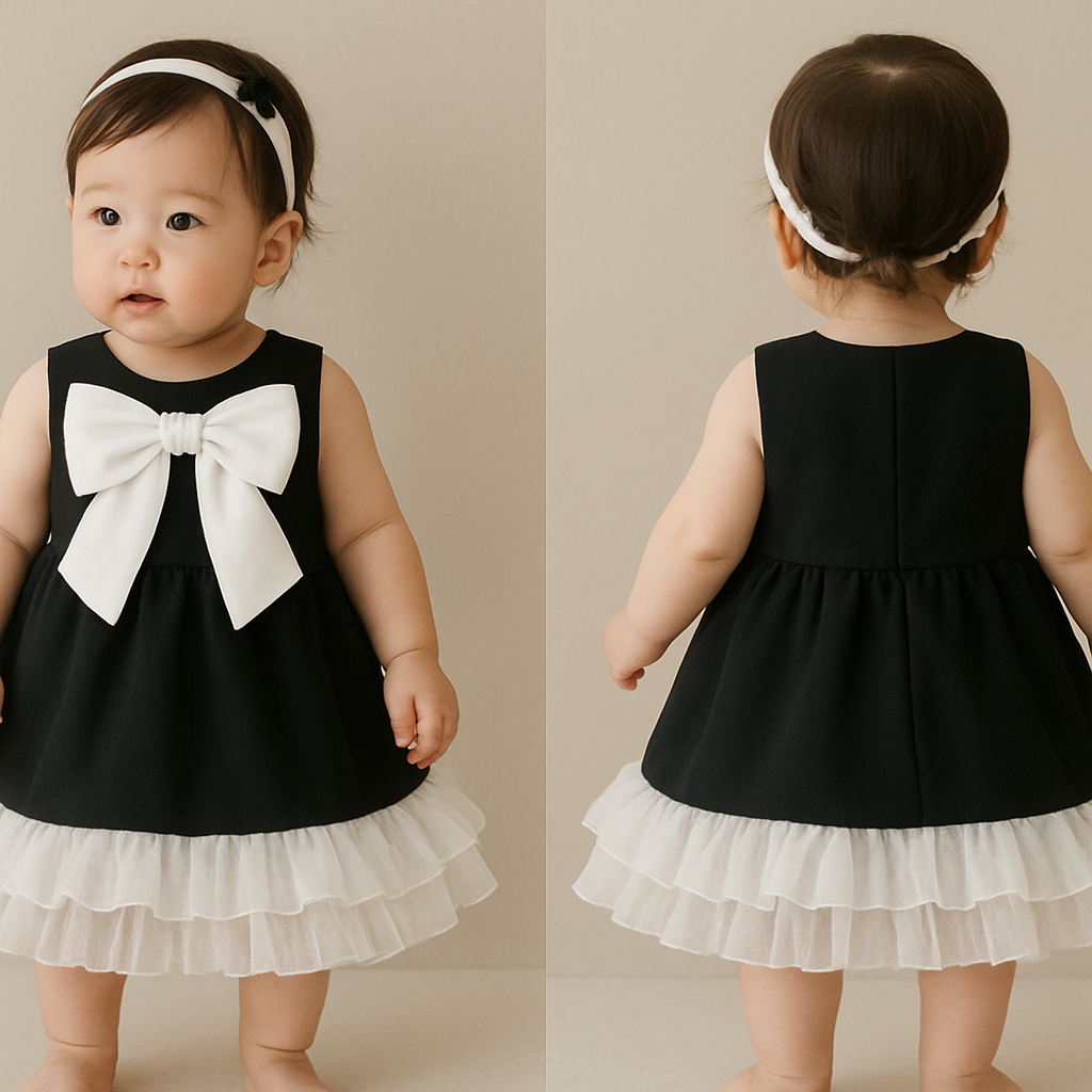 一歳の女の子着用画
ジャケット生地の黒のノンスリーブワンピース、丈は膝上
肩の部分、襟の部分が隠れるように白の大きなリボン
スカートの1番下の裾に、白色で、真ん中ギャザーのフリフリのチュールフリルを一周巻く(ボリューム感)
その上に同じものをもう一周巻く
頭には白のカチューシャ
カチューシャにはちょっとした黒い装飾
一歳の女の子着用画
ジャケット生地の黒のノンスリーブワンピース、丈は膝上
肩の部分、襟の部分が隠れるように白の大きなリボン
スカートの1番下の裾に、白色で、真ん中ギャザーのフリフリのチュールフリルを一周巻く(ボリューム感)
その上に同じものをもう一周巻く
頭には白のカチューシャ
カチューシャにはちょっとした黒い装飾, show front and back