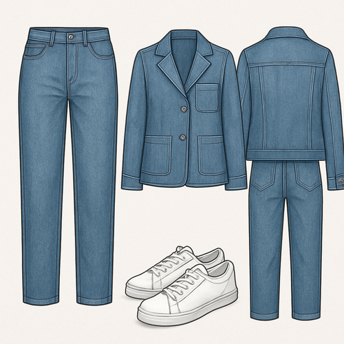 Une ensemble de pantalon en jean avec une poche et une veste en jean avec une poche de deux côté de la veste tailleur avec une chaussure en basket blanche 
