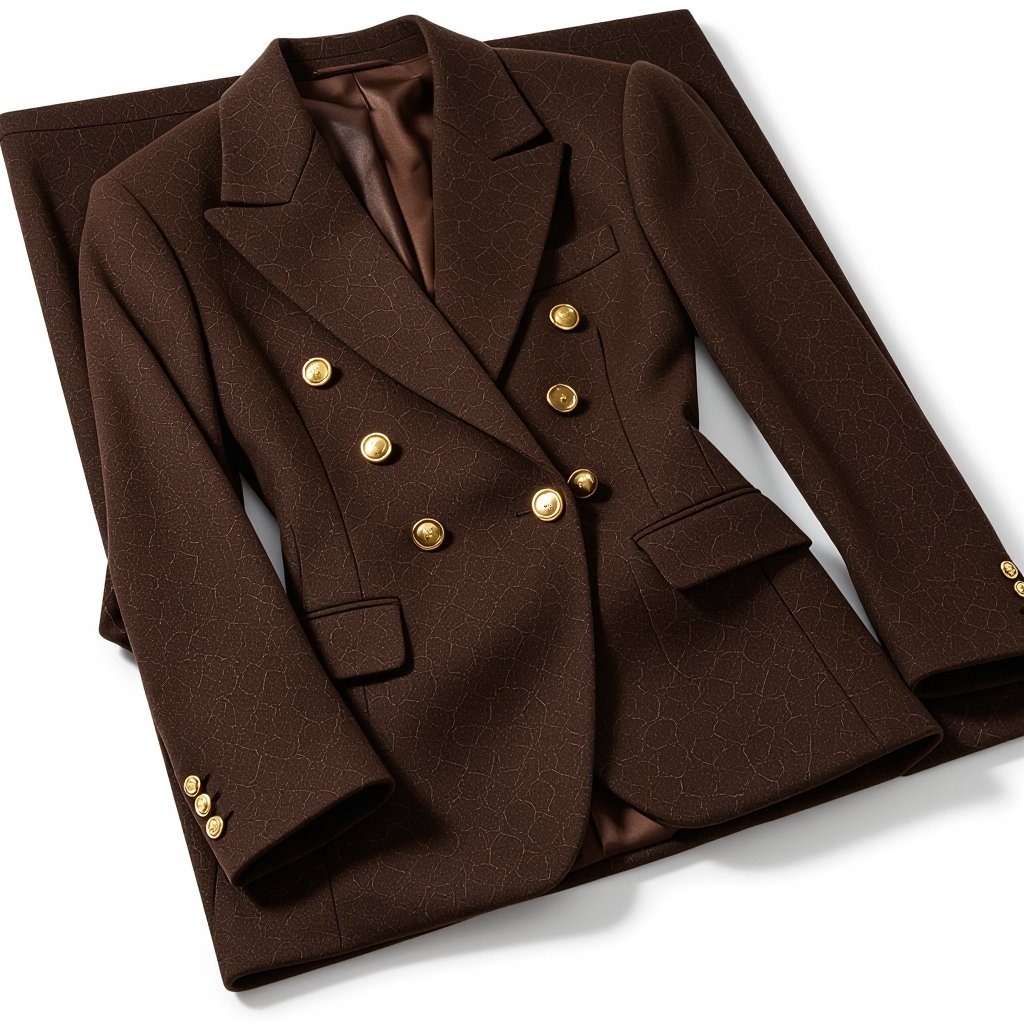 کت بلند (بلزر) با برش کلاسیک و فرم کمی آزاد. • یقه: یقه انگلیسی (Notched Lapel). • دو ردیف دکمه (Double Breasted): • دو ردیف دکمه طلایی فلزی که به لباس حس شیک و قدرت میدهد. • آستین: آستین بلند با سرآستین ساده، بدون دکمه تزئینی. • رنگ: قهوهای شکلاتی گرم که به راحتی با رنگهای خنثی ست میشود
Long blazer, classic cut, slightly loose fit. Notched lapel. Double-breasted with two rows of gold metal buttons. Long sleeves with plain cuffs. Warm chocolate brown.