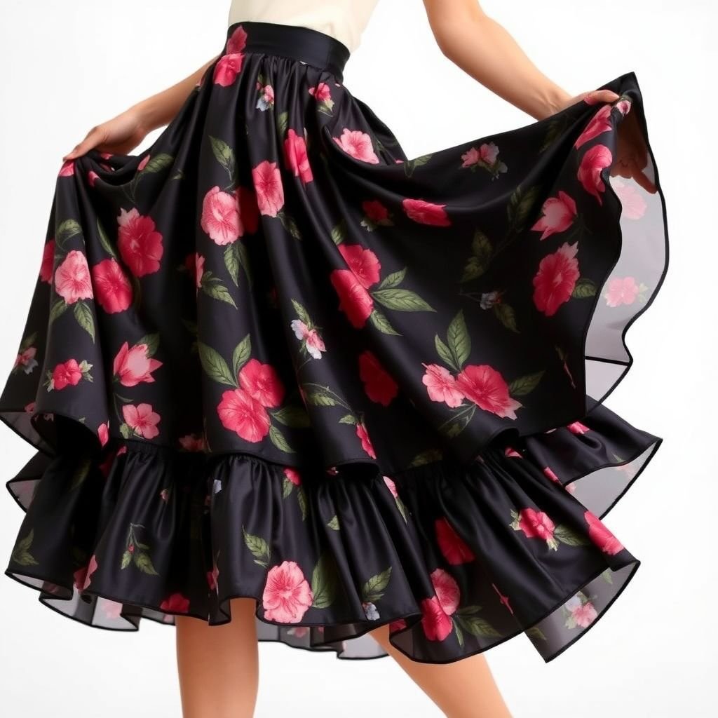Skirt. midi skirt has a fitted upper that into a gathered flounce, and movement at the bottom.
Imagine a chic midi skirt featuring a fitted bodice that seamlessly transitions into an extravagant gathered flounce at the hem, evoking a sense of playful elegance. Crafted from a rich, botanical-print satin, this design dances with movement, creating an enchanting silhouette perfect for both daytime outings and evening soirées.