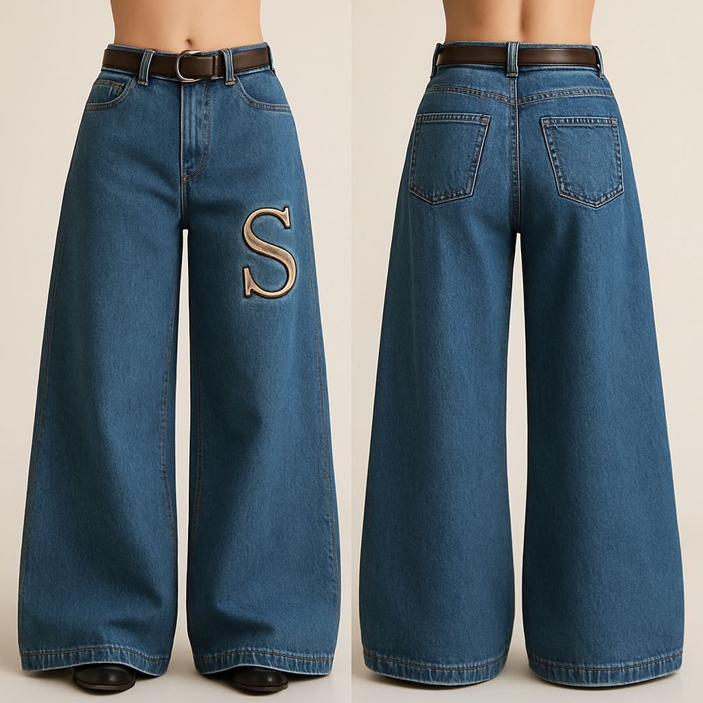 Denim jeans with XXX wide leg extra baggy more wider please and they should be an embroidery of S on one side of of the thigh
It shouldn’t be plain with y2k retro waist belt
Denim jeans with XXX wide leg extra baggy more wider please and they should be an embroidery of S on one side of of the thigh
It shouldn’t be plain with y2k retro waist belt , elegant style, show front and back