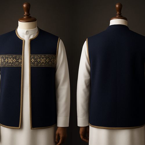 ‏1) Minimal Fusion — hip-length sleeveless  
‏"Luxury sleeveless hip-length sedri (vest) worn over a traditional white Saudi thawb, displayed on a luxurious wooden mannequin, deep navy cashmere-wool blend, sandy edge trim, embroidered chest band with Najdi geometric motifs fused with subtle Pakistani floral patterns in light gold, soft studio lighting, dark neutral background, 3/4 composition, hyper-realistic, visible fabric texture --ar 2:3 --v 5 --q 2"
