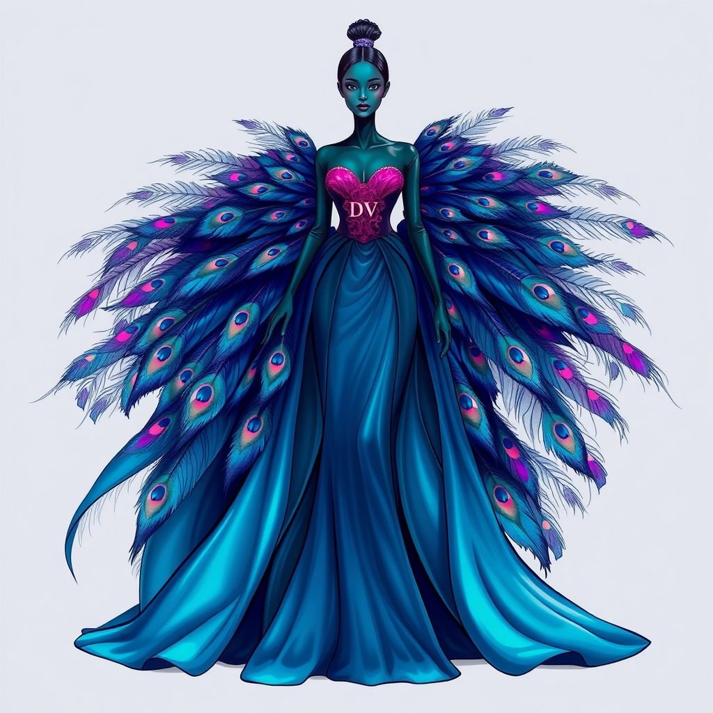 Create me a unique Peacock dress with a little pink in it.met gala dress. But I want it to be modest I want the arms and legs covered. and empowers a Met Gala look. Put “DV” on it somewhere
Design an elegant gown inspired by the iridescent feathers of a peacock, featuring flowing layers that gracefully drape to the floor. Incorporate subtle pink accents in the fabric, alongside rich jewel tones. The dress should have long, fitted sleeves and a high neckline, with "DV" discreetly embroidered on the bodice, exuding sophistication and empowerment.