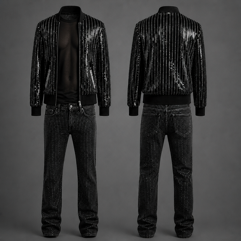 Add a see through T-Shirt in black with silver pockets in both sides of the shirt in the front
edit the attached fashion design with these instructions: Add a see through T-Shirt in black with silver pockets in both sides of the shirt in the front. keep it photorealistic, just the design no text