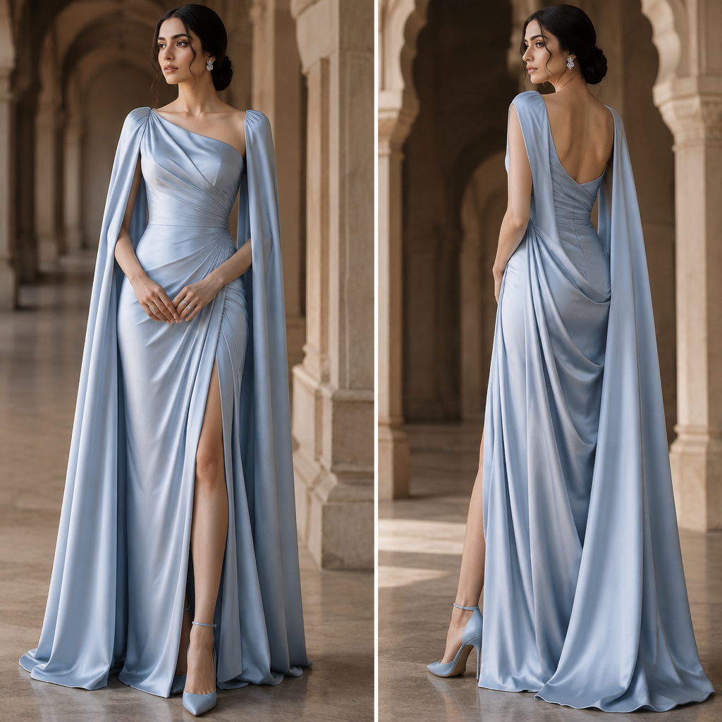 photorealistic fashion design, photorealistic fashion design, photorealistic fashion design, A Female Dress design, suitable for Fall, in Elegant style. silk cape dress very long gown type and matching heels of same colour with the dress. India fashion aesthetics. Present it as professional fashion catalogue photography: the garment is the subject, shown full-length with editorial styling, neutral posing and tasteful, non-suggestive framing., elegant style, just the design no text. Refinement: don't make any use of embroidery make it with powder blue colour satin dress , just the design no text. Refinement: don't make it flowy it should be draped perfectly around waist and hips , just the design no text. Refinement: and slit too with drapes and make girl look too slim and taller
photorealistic fashion design, photorealistic fashion design, photorealistic fashion design, photorealistic fashion design, A Female Dress design, suitable for Fall, in Elegant style. silk cape dress very long gown type and matching heels of same colour with the dress. India fashion aesthetics. Present it as professional fashion catalogue photography: the garment is the subject, shown full-length with editorial styling, neutral posing and tasteful, non-suggestive framing., elegant style, just the design no text. Refinement: don't make any use of embroidery make it with powder blue colour satin dress , just the design no text. Refinement: don't make it flowy it should be draped perfectly around waist and hips , just the design no text. Refinement: and slit too with drapes and make girl look too slim and taller, just the design no text