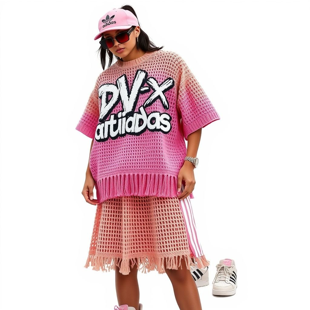 A pink and beige two toned crochet shirt and skirt, that says “DV X Adidas” on it, with 3stripes
Design an edgy streetwear ensemble featuring a pink and beige two-toned crochet shirt and matching skirt. The shirt boldly displays “DV X Adidas” in urban graffiti style, while the skirt incorporates classic three-stripe detailing along the hem. Add oversized accessories and chunky sneakers to enhance the urban vibe.