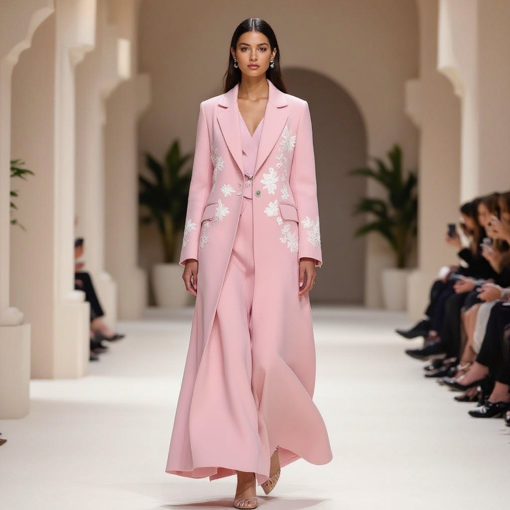 Long Abaya Blazer Design – Formal & Elegant • Outer Fabric: Worsted Wool (Super Wool) in a baby pink shade (very soft light pink). • Offers a subtle refined sheen with a straight, elegant structure that enhances the blazer style. • Inner Lining: Bemberg Rayon in light beige or pastel pink for added comfort and smoothness. • Key Details: • A-Line cut flowing gracefully from shoulder to floor. • Slim feminine blazer lapel with clean, neat finishing. • Hidden inner closure to keep the focus on the outer design and embroidery. • Back design: Kept plain and minimal, with a small slit at the center back hem, emphasizing the blazer character while allowing ease of movement. • Embroidery: • Crafted in delicate off-white raised stitching. • Placement: Starting from the right shoulder, flowing down along the side of the chest, extending seamlessly to mid-waist. • Pattern: Elegant floral and leaf motifs in raised embroidery, adding a refined feminine touch without overwhelming the formal character. • Subtle accents in very light golden threads can be added for a luminous effect under lighting. ⸻ ✨ Result: A baby pink abaya blazer with refined off-white side embroidery, plain back with a subtle slit, designed to blend formality, luxury, and feminine softness — perfect for occasions and business gatherings. Haute Couture fashion: Baby pink wool abaya blazer, A-line, with a slim lapel. Hidden front closure. Off-white raised floral embroidery from shoulder to mid-waist, with subtle gold accents. Plain back with a small hem slit.
Minimalist fashion: Baby pink wool abaya blazer, A-line cut, with slim lapel. Hidden front closure. Off-white raised floral embroidery from shoulder to mid-waist. Plain back with small hem slit.