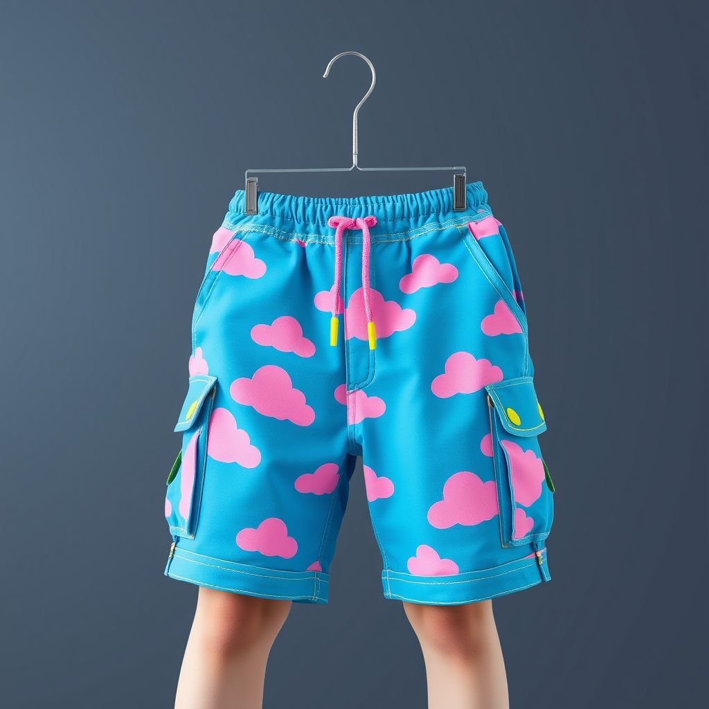 Girls cotton shorts covered in pink clouds with a blue background
Design a pair of oversized girls' cotton shorts featuring a vibrant blue background adorned with whimsical pink cloud patterns. Emphasize streetwear aesthetics with a relaxed fit, utility pockets, and bold white stitching. Complete the look with an adjustable drawstring waist and contrasting neon accents, perfect for a trendy urban vibe.