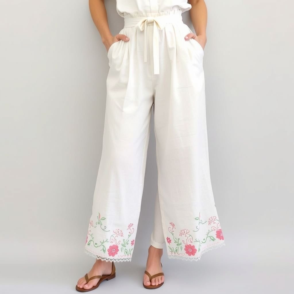 Padelefon summer Pants removal self tie lace belt cotton light
Design a pair of vintage Padelefon summer pants, featuring a high-waisted silhouette with delicate, feminine pleats. Incorporate a self-tie lace belt that adds a romantic touch, crafted from airy cotton with soft pastel hues. Enhance with intricate floral embroidery along the hems, evoking a timeless 1950s bohemian charm and elegance.