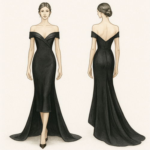 V-neck evening dress with a tail and off-the-shoulder midi cut