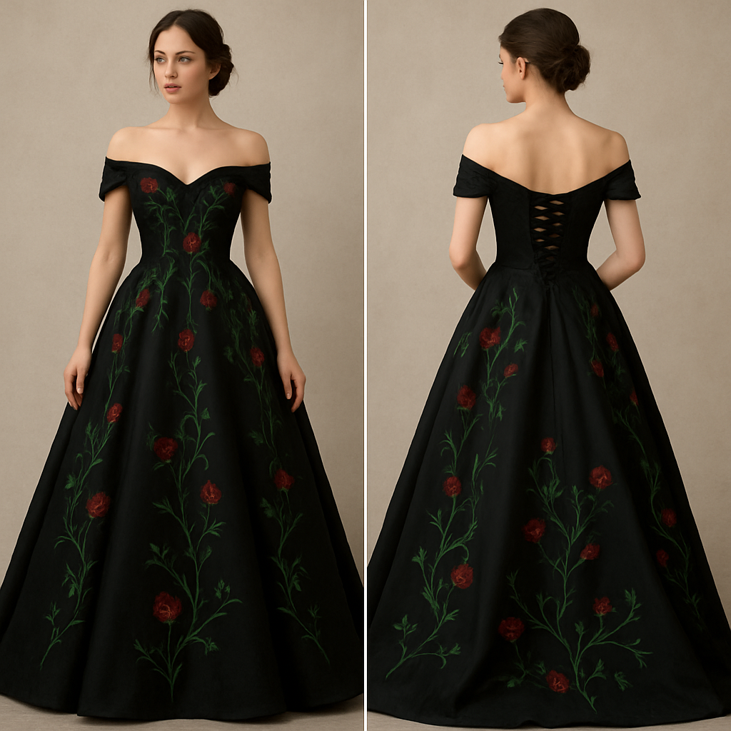 Black wedding dress with embroidered green vines and red roses. Corset back with off the shoulder sleeves.
Black wedding dress with embroidered green vines and red roses. Corset back with off the shoulder sleeves. , show front and back