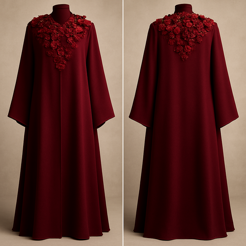 The Ruby Flora Majesty Abaya
Tone: Deep dark ruby
Design:
Large layered 3D ruby florals arranged around the neckline like a luxury necklace.
Embellishment:
Red glass stones and micro-beads giving a regal shine.
Vibe: Soft royalty + deep sensual luxury.