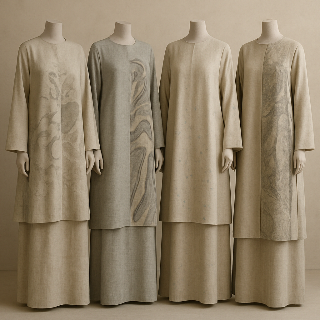 Create a modest two-piece linen abaya, the first of its kind, featuring a unique stone design that exudes a classy and sophisticated vibe. I’d like four designs, each showcasing different styles and fabrics. Incorporate high-end, unique chic stone designs to make them truly special. Add little sophisticated stone designs.

Create a modest two-piece linen abaya, the first of its kind, featuring a unique stone design that exudes a classy and sophisticated vibe. I’d like four designs, each showcasing different styles and fabrics. Incorporate high-end, unique chic stone designs to make them truly special. Add little sophisticated stone designs.
