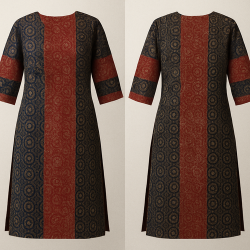 A straight cut silted indian ethnic Kurthi with three panels on the front as well as on the back, fabrics used are Ajrkh hand block printed cotton fabric. The centre panel shall be ajrakh printed red base fabric, left panel indigo blue-red combination ajrakh printed fabric and the right panel shall ba black base ajrakh printed fabric. The slits on both sides shall start 21 inches below the shoulder of the Kurthi, the 3/4th sleeve with 17 inches length shall be made with patches of indigo blue-red combination, red base and black base fabrics. Sleeve shall be made with Three horizontal patches. Kurtha across shoulder measurement 14 inches, chest 32 inches, waist 28 inches and hip 36 inches, length of the Kurthi shall be 45 inches from shoulder
