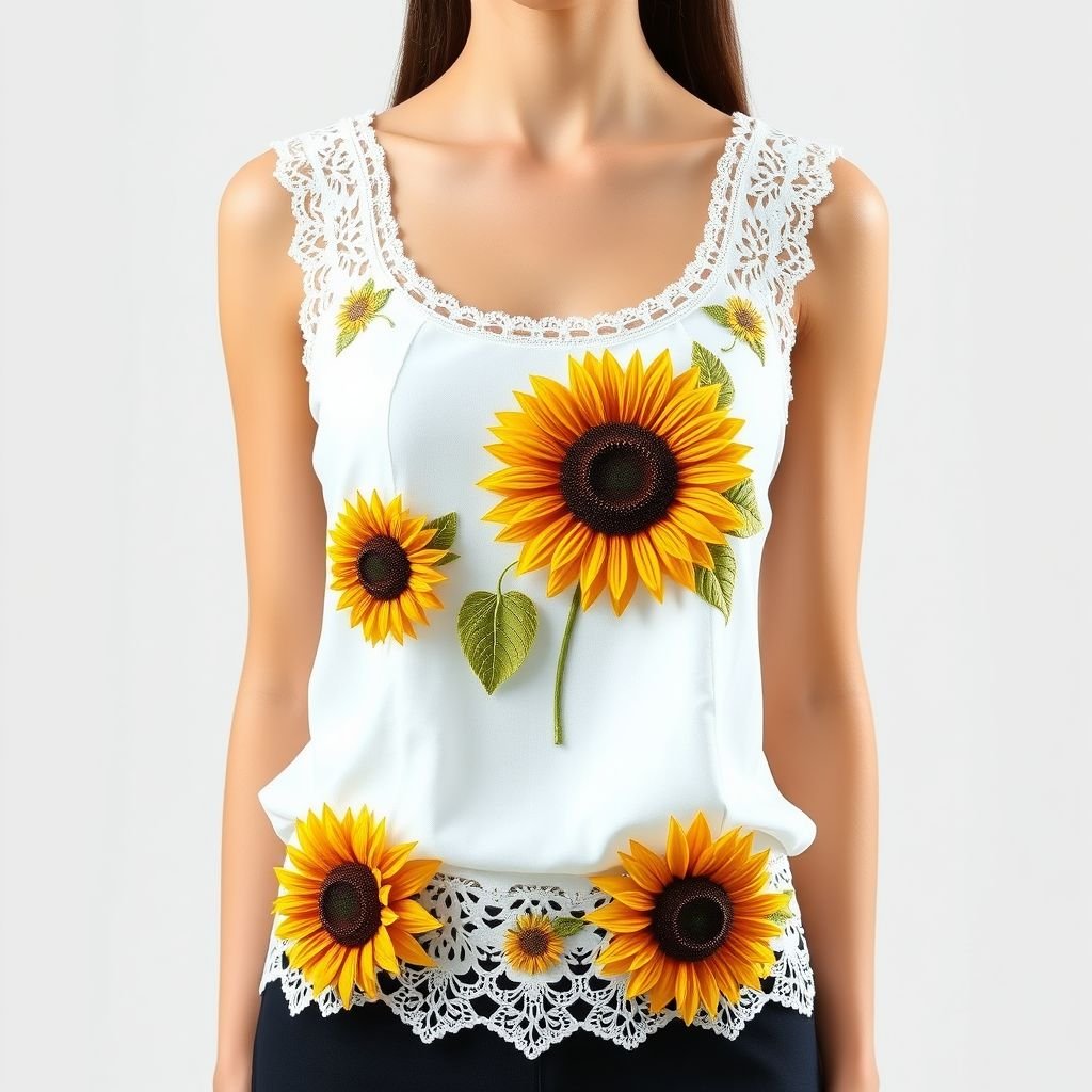 Tank top with attached sunflowers
Design a classic tank top featuring elegant sunflowers intricately embroidered along the neckline and hem. The fabric should be soft cotton in a crisp white, exuding timeless appeal. Incorporate delicate lace trim for a touch of sophistication, while the sunflowers symbolize warmth and vitality, creating a harmonious blend of nature and refinement.