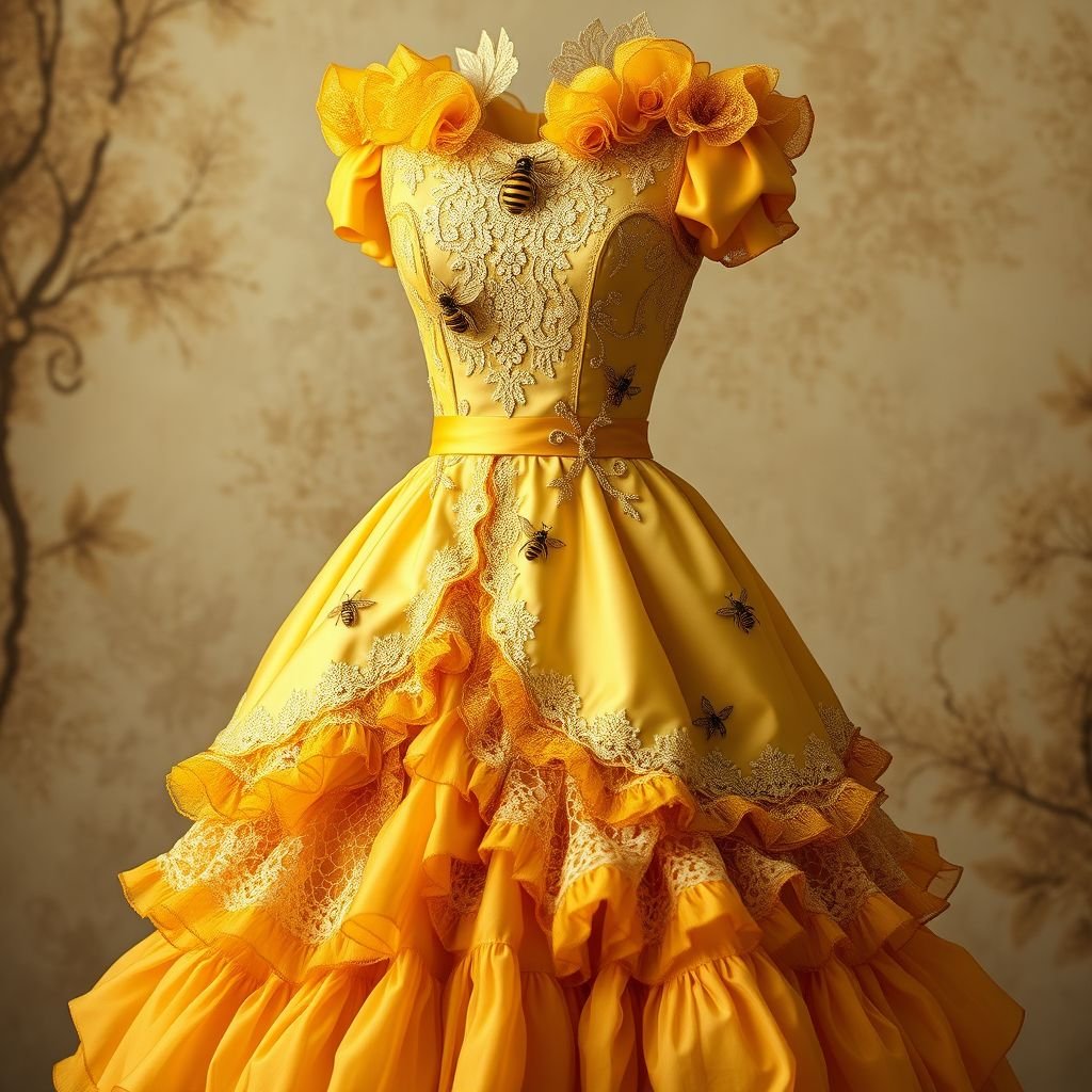 A honey bee & honey comb themed spring day dress.
Design a stunning Victorian-style spring day dress infused with a honey bee and honeycomb theme. Incorporate layers of soft, flowing fabrics in hues of golden yellow and rich amber. Adorn the bodice with intricate lace and delicate bee motifs, while the skirt features a honeycomb pattern, cascading elegantly to the floor.