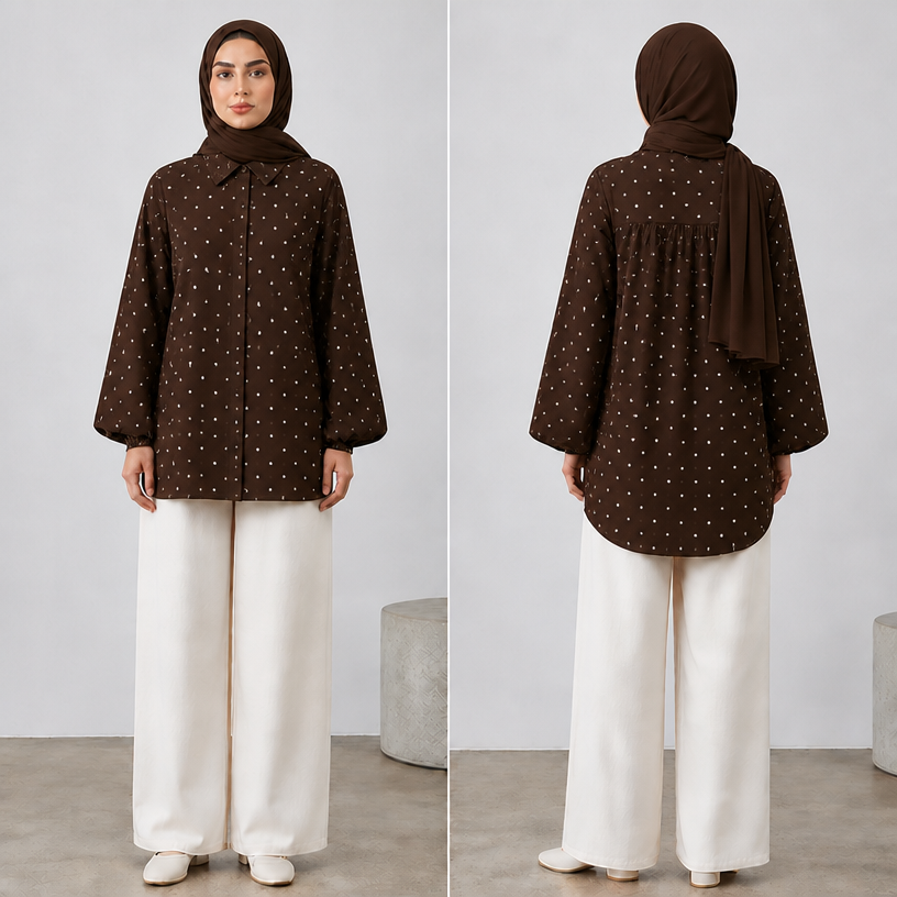 Change the white dots to smaller size
edit the attached fashion design with these instructions: Change the white dots to smaller size. keep it photorealistic, just the design no text