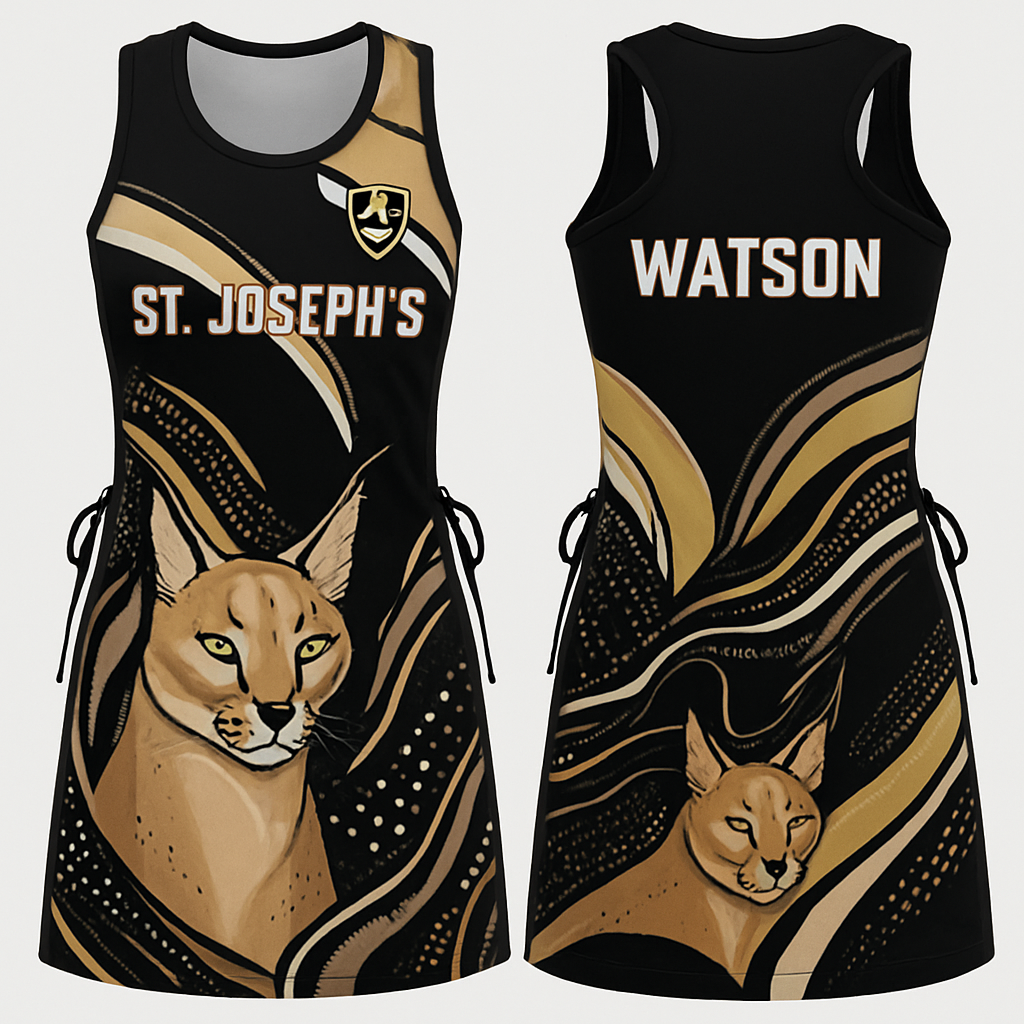 please create a netball dress with the following colours: black, white, beige and yellow. there must be a caracal at the bottom and the school logo. it must have the school name and player’s name. It must have draw strings on the side. It must be very stylish and not basic. Please add nice patterns/designs

please create a netball dress with the following colours: black, white, beige and yellow. there must be a caracal at the bottom and the school logo. it must have the school name and player’s name. It must have draw strings on the side. It must be very stylish and not basic. Please add nice patterns/designs, sporty style, show front and back