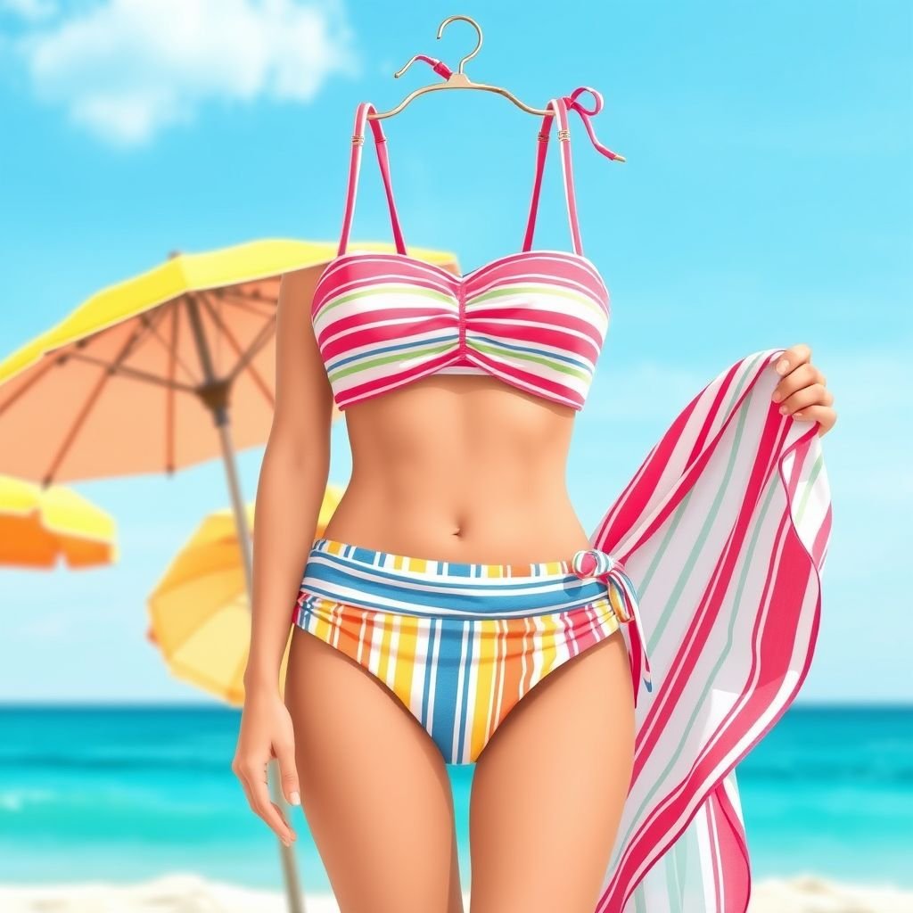 Two pieces swimwear with thin stripes -inspired by leoni the influencer
Design a vibrant two-piece swimwear ensemble featuring thin, playful stripes reminiscent of sun-soaked beach umbrellas. Incorporate a flattering, high-waisted bottom paired with a stylish bandeau top. Adorn the fabric with subtle seashell motifs, adding a touch of elegance. Complete the look with a lightweight, flowing sarong for effortless beachside chic.