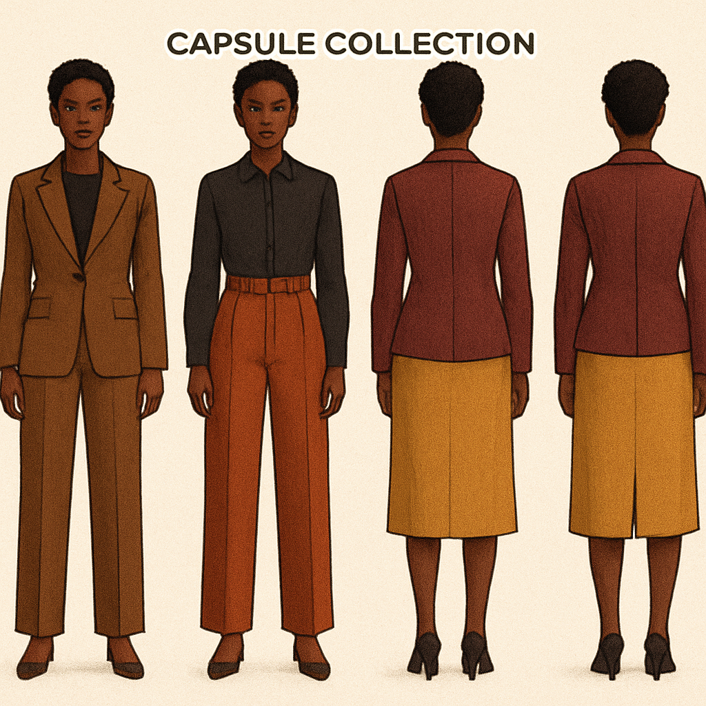 Capsule, Collection, black female, working clothing, coloring, browns, black, maroon yellow
Capsule, Collection, black female, working clothing, coloring, browns, black, maroon yellow, formal style, show front and back