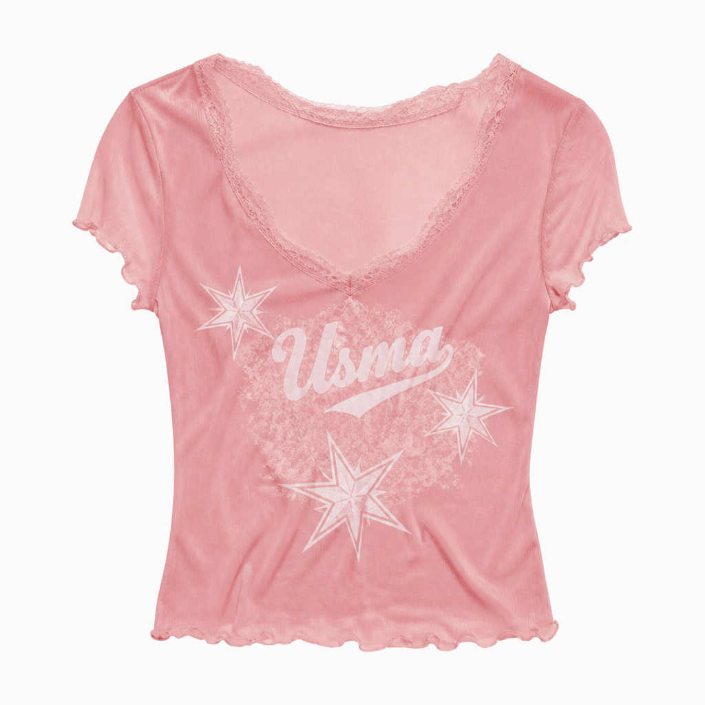 A Top design, made of Chiffon, for Streetwear, suitable for Summer, in Vintage style. لون وردي مكتوب عليه عبارة Usma و3نجوم بشكل مميز ليس ممل اصنع لي تيشرت انثوي وردي مكتوب بل ابيض Usma وضع له دنتال اجعل ستيل من التسعينات وضع 3نجوم بل ابيض واجعل شكل النجوم مميز ليس ممل. Algeria fashion aesthetics.
photorealistic fashion design, A Top design, made of Chiffon, for Streetwear, suitable for Summer, in Vintage style. لون وردي مكتوب عليه عبارة Usma و3نجوم بشكل مميز ليس ممل اصنع لي تيشرت انثوي وردي مكتوب بل ابيض Usma وضع له دنتال اجعل ستيل من التسعينات وضع 3نجوم بل ابيض واجعل شكل النجوم مميز ليس ممل. Algeria fashion aesthetics., vintage style, just the design no text