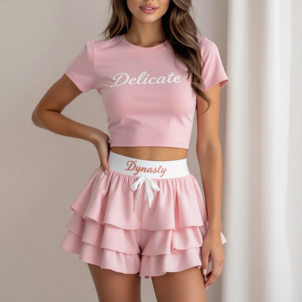two peice set, skin tight mid cropped baby tee that says delicate in cursive , baby pink tee with with white letters, for the bottom we have layered shorts that are kinda lacey in the same pink they’re layered with ruffles and have a waistband that says dynasty , in white cursive aswell and the shorts are short
Lounge fashion: Pink cotton two-piece lounge set. Skin-tight, mid-crop baby tee with "delicate" in white cursive. Matching pink lace layered shorts with ruffles. White cursive "dynasty" waistband.