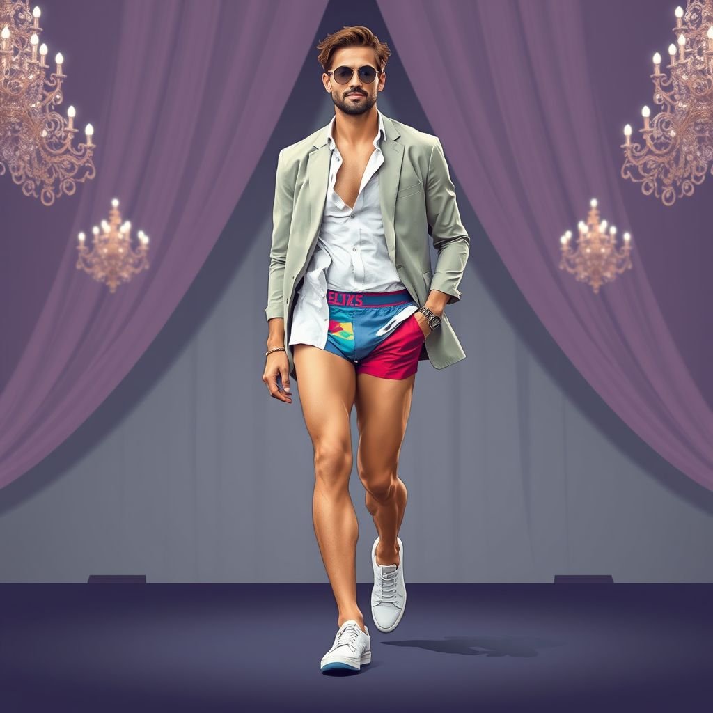 please make a human body sketch man wearing underwear walk in gala stage and doing a best post
Design a casual fashion ensemble for a man confidently strutting on a gala stage. He sports stylish, vibrant boxer briefs paired with a loose, tailored linen shirt, casually unbuttoned. Accessorize with sleek slip-on sneakers and a lightweight, unstructured blazer. Emphasize comfort and effortless chic, blending extravagance with everyday ease.