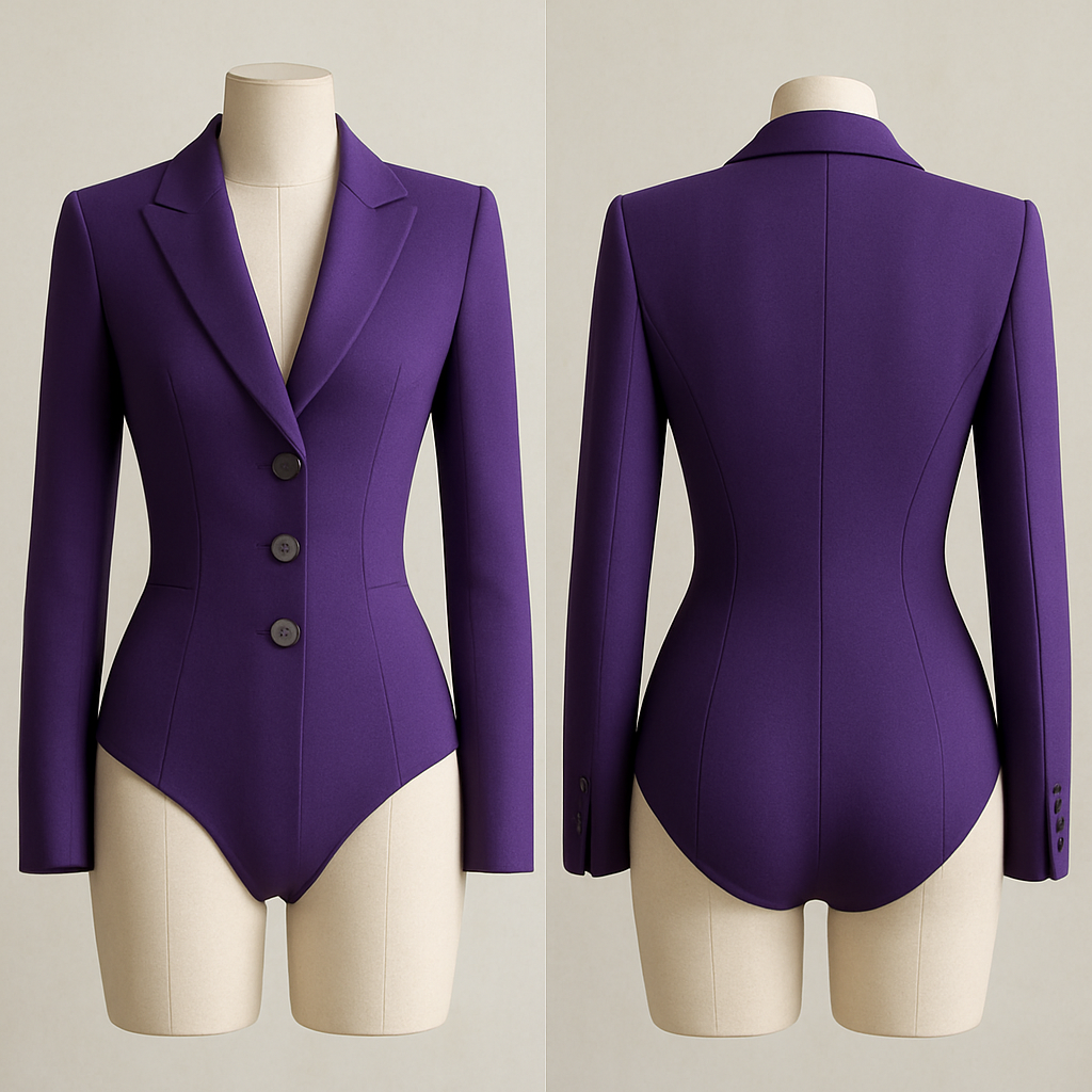A bodysuit that is essentially a tailored suit for women in purple with gray buttons.
A bodysuit that is essentially a tailored suit for women in purple with gray buttons., show front and back