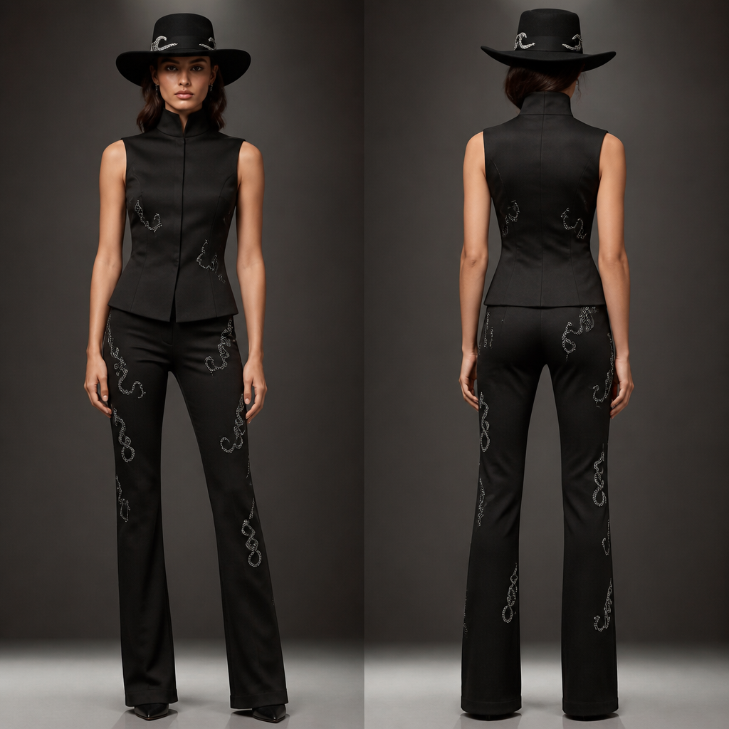 photorealistic fashion design, A Female Pants design, suitable for Winter, in Elegant style. quero essa blusa e essa calça preta com cobras desenhadas com pedrinhas e o chapéu quero preto com duas faixas de lado feitas de pedrinhas brilhante. Brazil fashion aesthetics., elegant style, just the design no text. Refinement: sem mangas longas e a parte de cima e fechado e tipo aquelas blusas de alfaiataria e as cobras são menores e cor prata e degradê preto
photorealistic fashion design, photorealistic fashion design, A Female Pants design, suitable for Winter, in Elegant style. quero essa blusa e essa calça preta com cobras desenhadas com pedrinhas e o chapéu quero preto com duas faixas de lado feitas de pedrinhas brilhante. Brazil fashion aesthetics., elegant style, just the design no text. Refinement: sem mangas longas e a parte de cima e fechado e tipo aquelas blusas de alfaiataria e as cobras são menores e cor prata e degradê preto , just the design no text