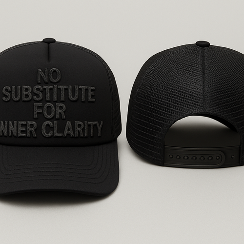 A foam trucker with raised glittery embroidery on the text in black saying no substitute for inner clarity 
