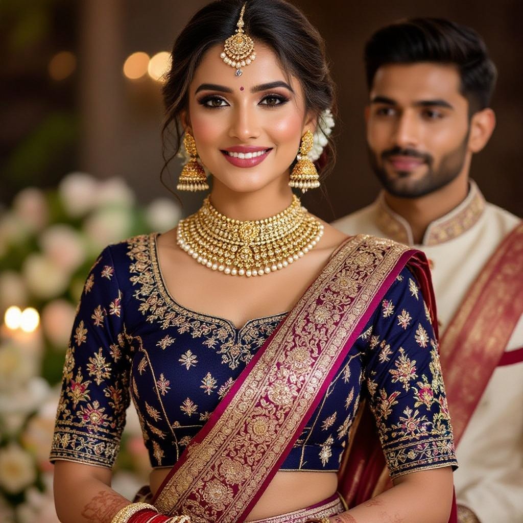 Maggam work blouse with jeelakara bellam withBride and groom
Maggam work blouse with a classic round neckline, half sleeves, and delicate pearl detailing, paired with a traditional jeelakara bellam, for a bride and groom.