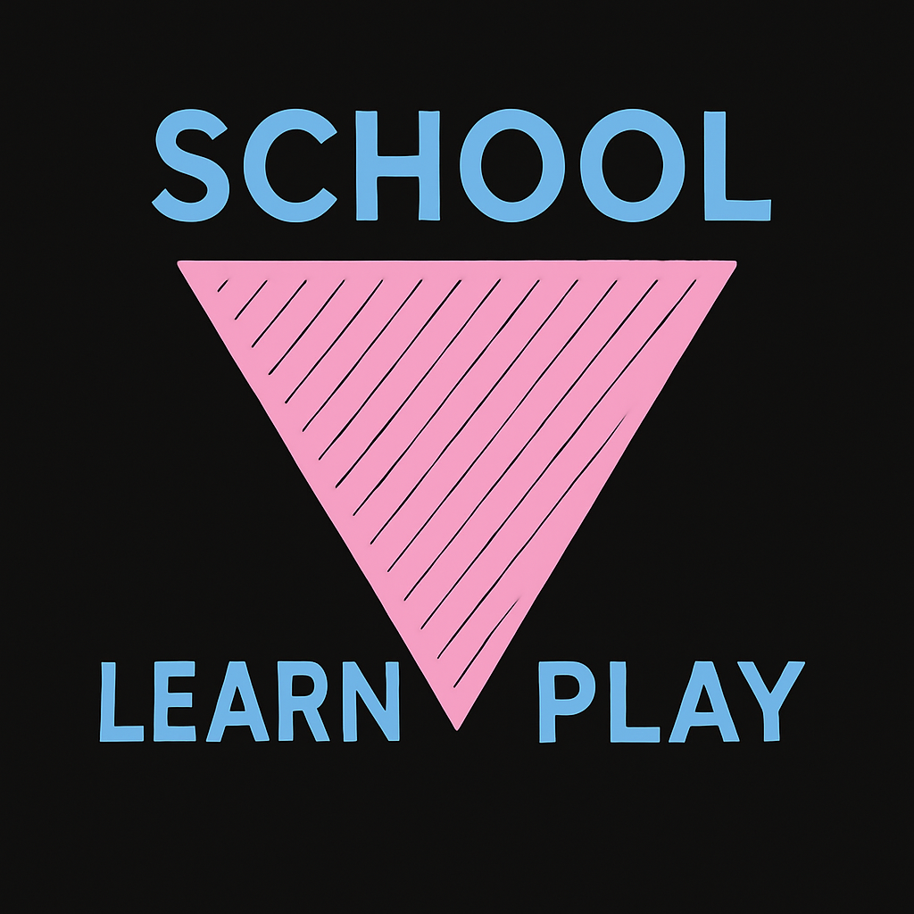 شعار مدرسه خلفيته سوداء 
وفي بالنص مثلث وردي بس خطوط مو ملون 
على زواياه مكتوب باللون الأزرق
من زاويته الفوقschool
والزوايا اللي تحت وحده learn 
ووحده play
الكتابه تكون خارج المثلث

شعار مدرسه خلفيته سوداء 
وفي بالنص مثلث وردي بس خطوط مو ملون 
على زواياه مكتوب باللون الأزرق
من زاويته الفوقschool
والزوايا اللي تحت وحده learn 
ووحده play
الكتابه تكون خارج المثلث