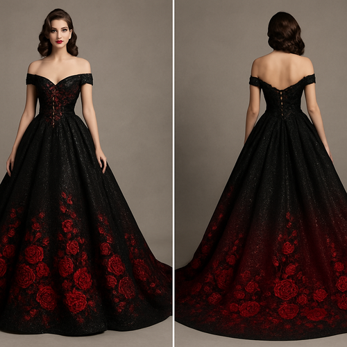 Glittery Black A-line off-the-shoulder sleeveless wedding dress with long royal train. Corset back, with embroidered sequin beading on the top. The bottom fades into red with embroidered red sequined roses.