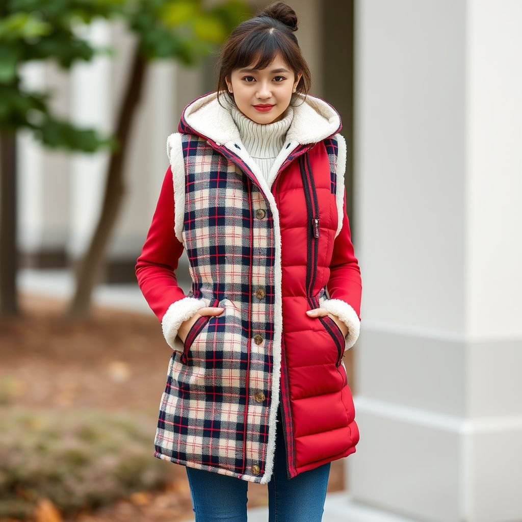 Envision a long puffer jacket that is a vest, straight waisted and past the knees and lined with Sherpa fabric on the inside. The vest is reversible and has a hoodie.
Design a preppy_chic long puffer vest, featuring a tailored straight waist that elegantly falls past the knees. One side sports classic plaid, while the other boasts a solid, vibrant hue. Lined with cozy Sherpa, it includes a sophisticated hoodie and crisp gold buttons, merging warmth with spirited collegiate style, perfect for campus strolls.
