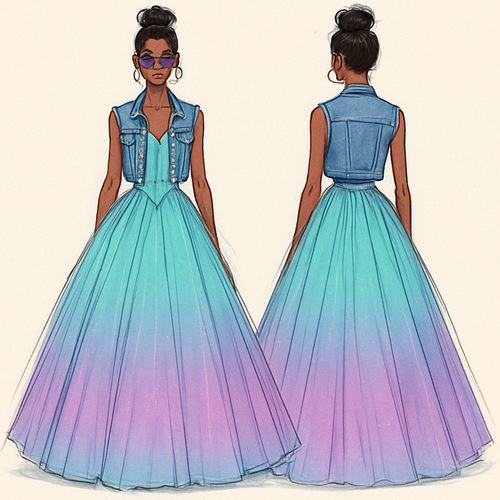 I would like a fairy tale dress with degradation color from turquoise to purple inn pastel colors with model futurist draw with exceptional style new creative add accessories and make it more urban take off the hands and add jean vest